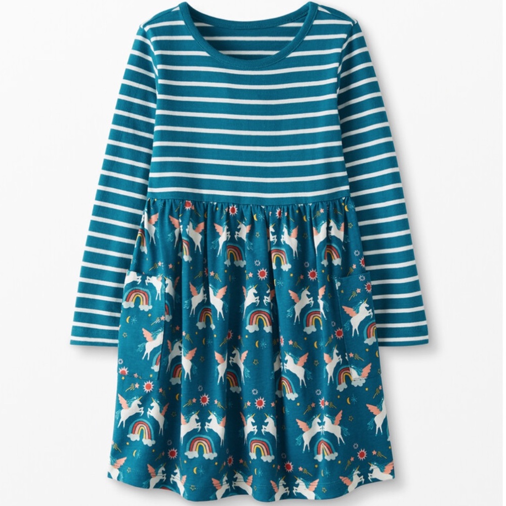 Hanna Andersson Mixie Playdress (US 8) - teal/white stripes and unicorn-print